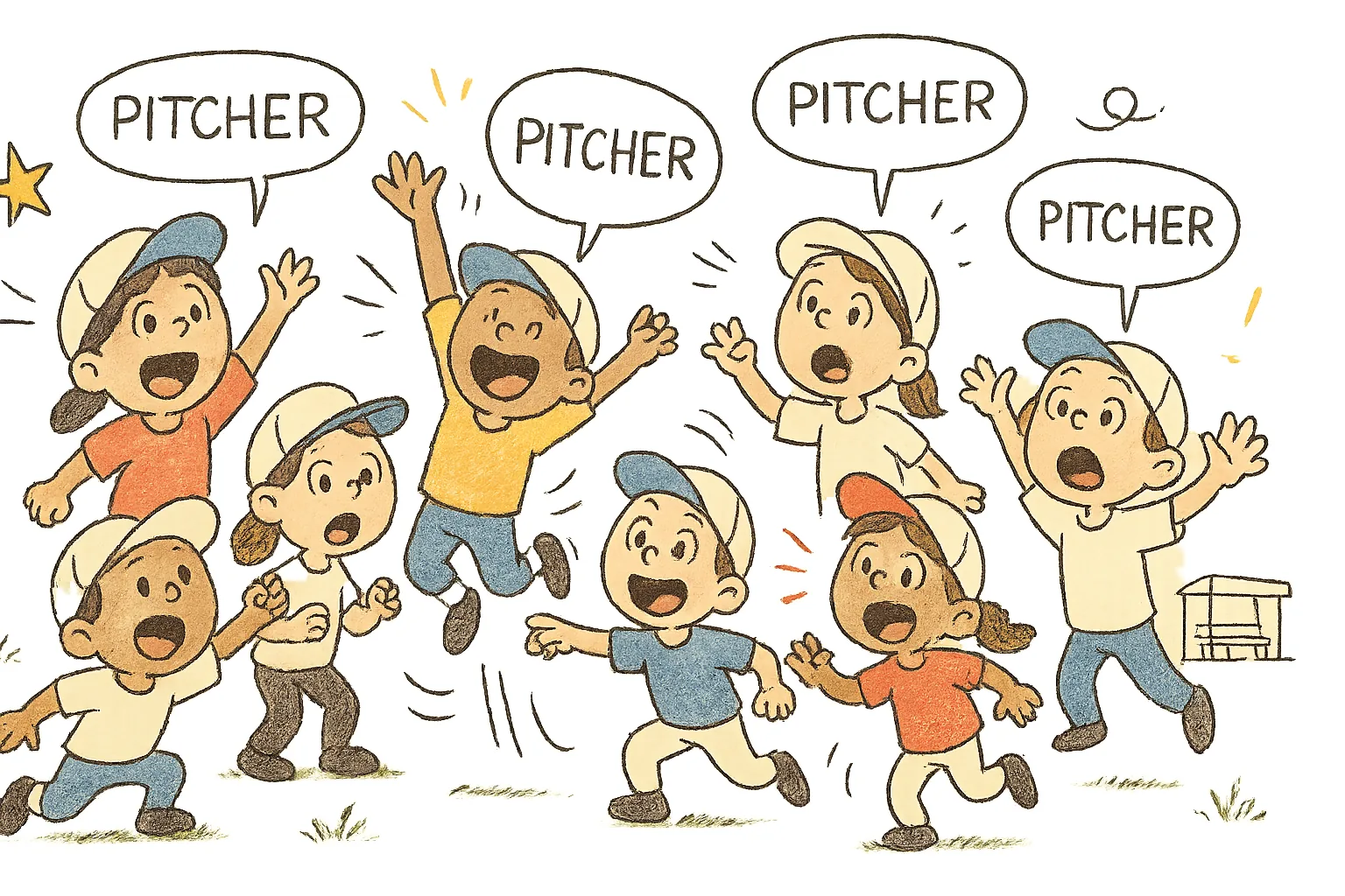 Illustration of Little League Kids Clamoring to Be Pitcher