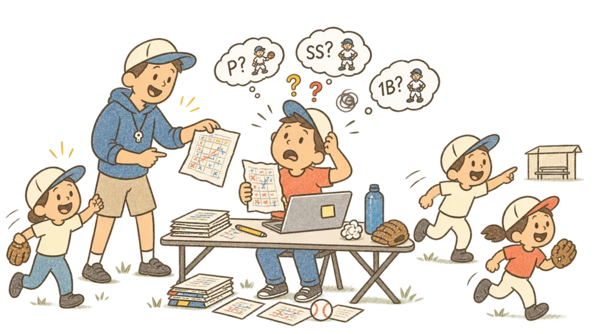 A volunteer coach at a folding table, buried in paper lineups and wondering who plays where