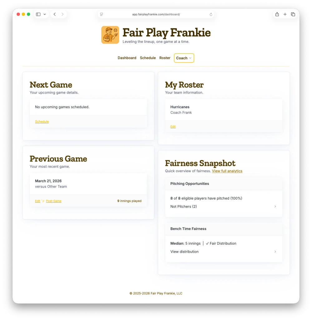 Fair Play Frankie dashboard showing the next game, team roster, and a fairness snapshot